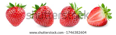 Strawberry isolated. Strawberries with leaf isolate. Whole and half of strawberry on white. Strawberries isolate. Side view strawberries set. Royalty-Free Stock Photo #1746382604