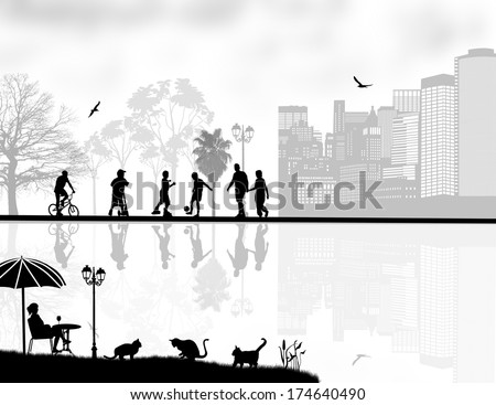 Vector design background with beautiful landscape and people silhouette with reflection on water