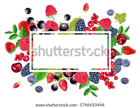 red and black berry and fruit around white rectangular frame on white background - cherry, blackcurrant, strawberry, blueberry, blackberry, raspberry, redcurrant - vector illustration Royalty-Free Stock Photo #1746410444