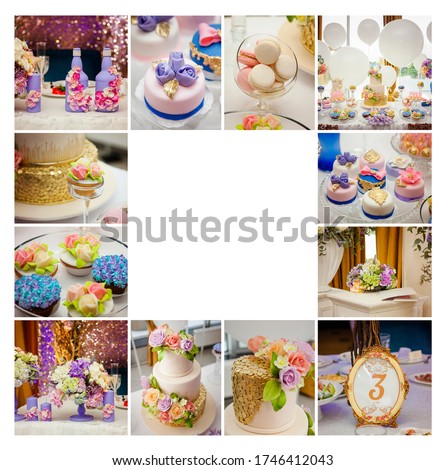 summer time theme for party or birthday. Collage of five pictures of sweets, cupcakes, pop cakes.