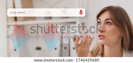 Voice Search Concept. Businesswoman Using Smart Phone Virtual Assistant App Browsing Internet Working Sitting At Workplace. Panorama, Collage