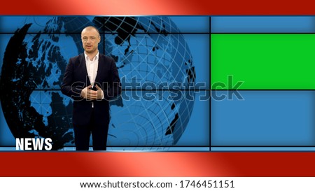 An anchorman telling the breaking news in broadcasting studio with green screen Royalty-Free Stock Photo #1746451151