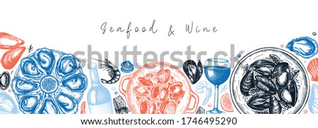 Seafood and wine banner design in color. Shellfish frame with mollusks, shrimps, fish sketches. Perfect for recipe, menu, delivery, packaging. Vintage mussels and oyster background.