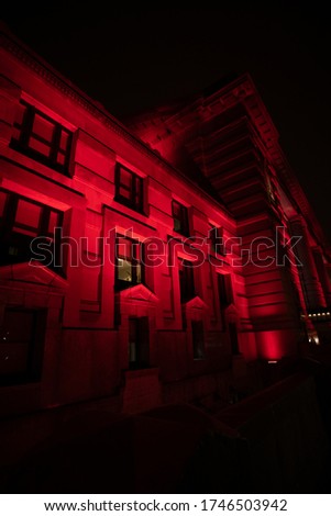 Union station painted red in celebration on the 2020 chiefs super bowl victory