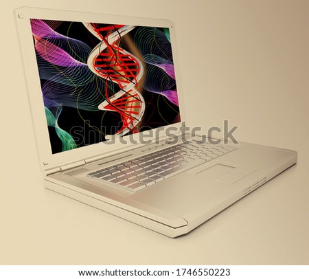 Laptop with dna medical model background on laptop screen. 3d illustration. On toned background