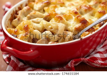 Macaroni with cheese, chicken and mushrooms Royalty-Free Stock Photo #174655184