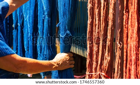 Crafts and craftsmanship. Traditional Isan Thai Cotton indigo weaving. The hand holding the indigo dyeing cloth And natural dyes or bark. Thailand. Selective focus. Royalty-Free Stock Photo #1746557360