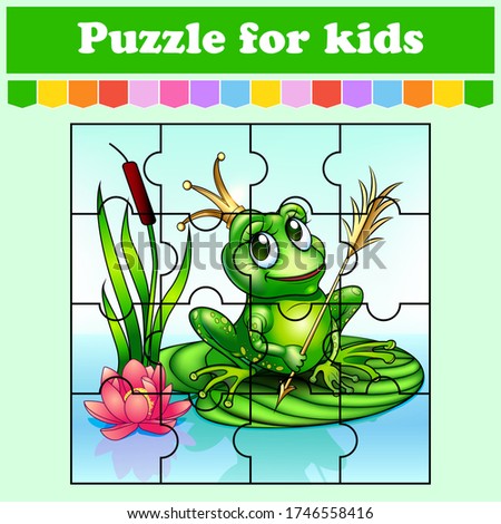 Puzzle game for kids. Princess Frog. Education worksheet. Color activity page. Isolated vector illustration. Cartoon style.