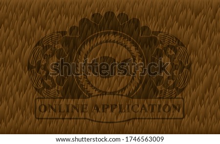 fish icon and Online application text Hairy brown fur realistic badge. Animal graceful background. Artistic illustration. 
