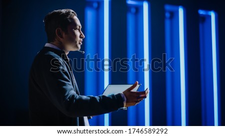 Business Conference Stage: Indian Chief Software Engineer, Startup CEO Presents New Product, Does Motivational Talk, and Lecture about Science, Technology, Entrepreneurship, Development, Leadership Royalty-Free Stock Photo #1746589292