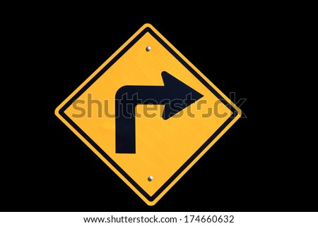 yellow right turn road sign  on black  background 