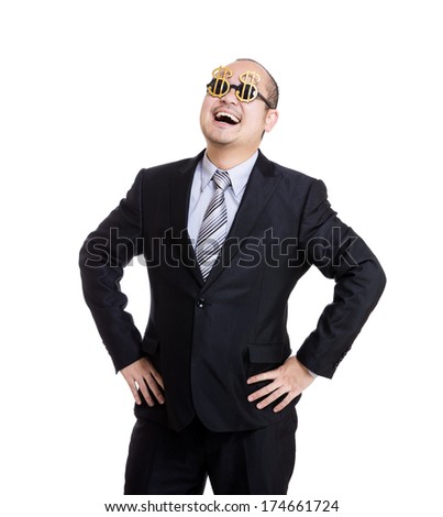 Happy rich businessman wear dollar sign glasses