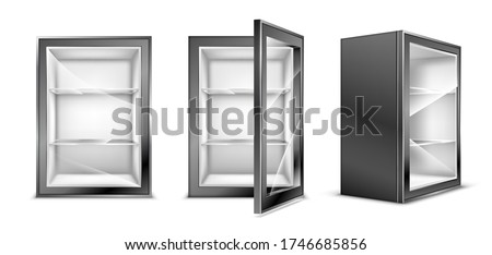 Mini refrigerator for beverages with transparent glass door. Empty gray fridge for fresh food or drinks in supermarket or kitchen. Realistic 3d vector modern cooler with shelves front and corner view Royalty-Free Stock Photo #1746685856