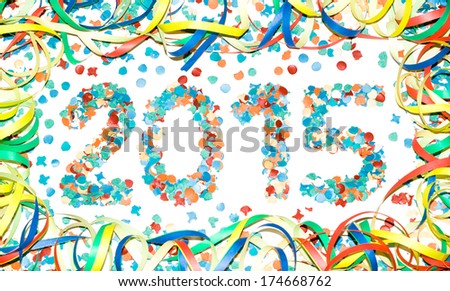 2015 date with confetti and stramers isolated white for carnival, birthday, party, new year