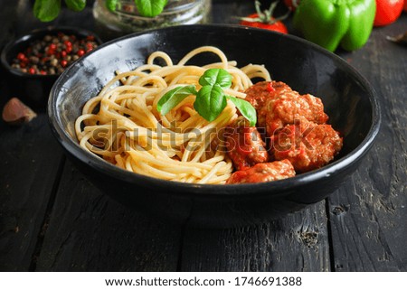  pasta spaghetti meatballs tomato sauce Menu concept healthy eating. food background top view copy space