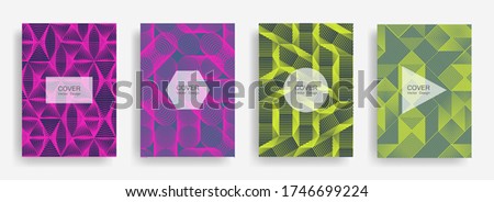 Halftone shapes business catalog covers vector design. Background patterns with halftone triangle, circle, polygon geometric shapes texture. Modern banners set. Corporate brochure covers design.