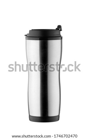 stainless steel coffee cup front view. thermal travel mug to drink hot beverage tea. isolated on a white background. blank for design. studio shot.