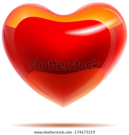 Glossy red heart with yellow reflections isolated on white. 