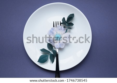Restaurant food service. Colorful image of flower and fork on the white plate, blue background, blurry shot. Abstract food background, blue colors.
