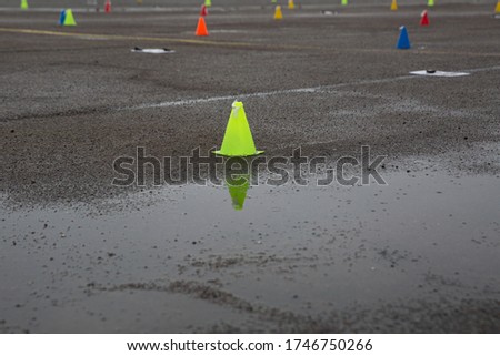 Traffic cones, protective signal plastic orange chips.  Signal cone of danger in street in works, construction and notice