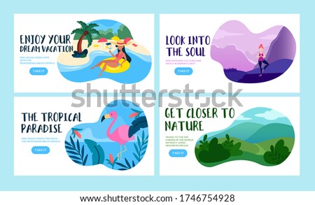 Travel vacation banners with inscription vector illustration. Dream vacation tropical paradise close to nature text flat style. Bright colourful pictures. Isolated on blue background