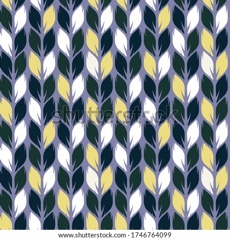 Seamless vector pattern of white, yellow, green and dark blue graphic leaves on a purple background