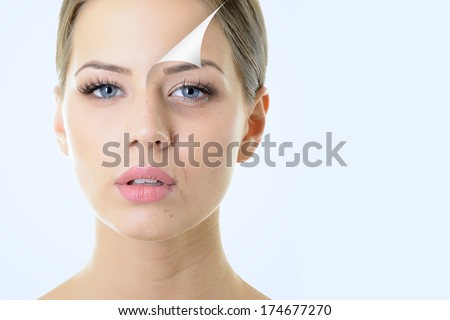 anti-aging concept, portrait of beautiful woman with problem and clean skin, aging and youth concept, beauty treatment  Royalty-Free Stock Photo #174677270