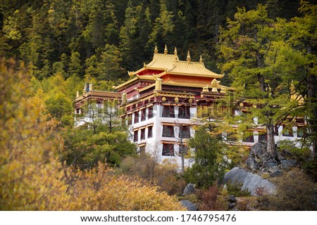 Chong gu temple in in Autumn scene in Yading nature reserve in Daocheng, China