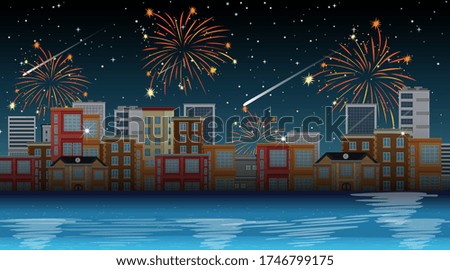 Cityscape with celebration fireworks scene illustration