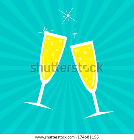 Champagne glasses. Sunburst . Card. Vector illustration.  