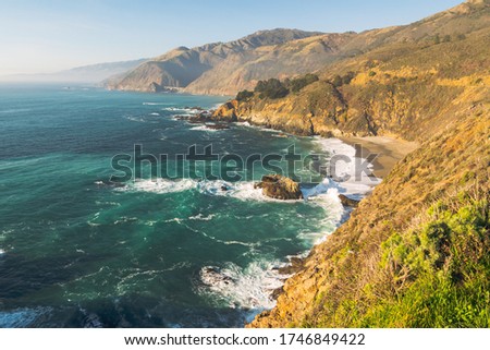 Big Sur, California Coast. Scenic view of cliffs and ocean, California State Route 1, Monterey County Royalty-Free Stock Photo #1746849422