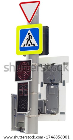 traffic light and road sign isolated on white background