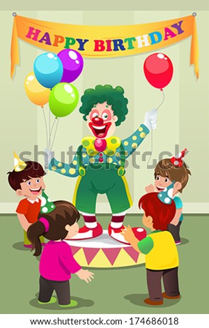 A vector illustration of Clown carrying balloons to kids birthday party