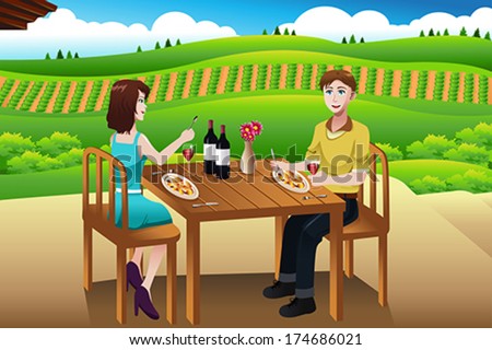 A vector illustration of couple eating lunch picnic at a winery