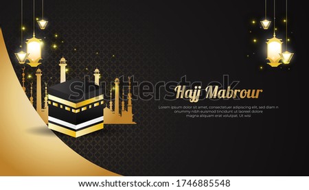 Hajj Mabrour Concept with Kaaba and Golden Lanterns. Islamic Pilgrimage Background for Banner, Poster or, Greeting
