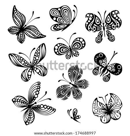Set of butterflies. Ten black butterflies isolated on white background. Design elements. EPS 8.