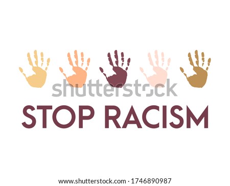 Stop racism icon. Motivational poster against racism and discrimination. Many handprint of different races together. Vector Illustration Royalty-Free Stock Photo #1746890987