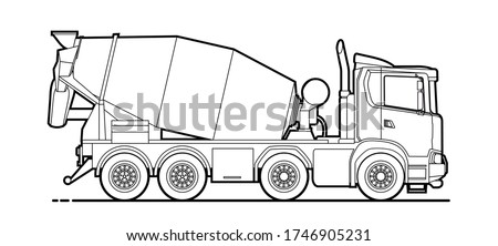 Vector contour concrete mixer; cement mixer truck, side view. Linear drawing for coloring book for boys; outline. Modern flat vector illustration. Royalty-Free Stock Photo #1746905231