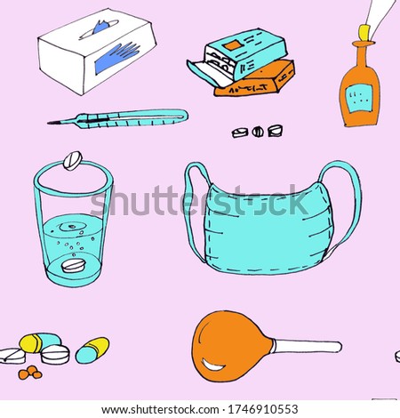 seamless pattern of a set of medical accessories on a light pink background. color drawing