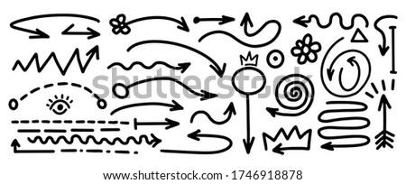 Vector doodle arrow, sketch hand drawn line. Set graphic icon. Pencil, pen outline. Curve direction cartoon design black element on white background. Flower, crown, eye, circle shape, simple art
