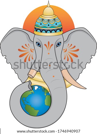 Ganesha in the crown holds the Earth with his trunk. The head of an elephant.