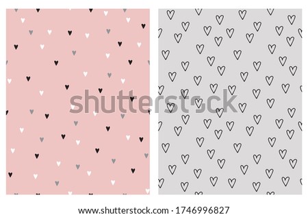 Romantic Seamless Vector Patterns. Abstract Hand Drawn Hearts Isolated on a Light Pink and Light Gray Background. Simple Vector Prints with Hearts Ideal for Valentine's Day Decoration.