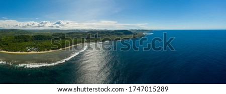 Panoramic picture with pacifico city center and its surfing spot located on the left side, some green hills, the sea on the right side,and the sky in the background