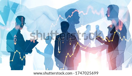 Close up of two businessmen shaking hands in blurry Moscow city with their teammates in background and double exposure of forex graph. Concept of stock market and deal. Toned image