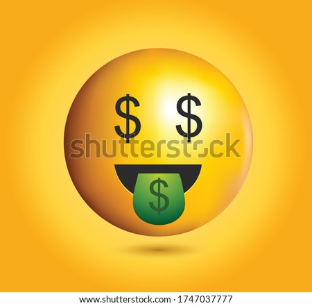 High quality emoticon on yellow gradient background.Dollar sign emoji eyes.
Yellow face emoji with green tongue vector illustration.Money mouth face.Dollar emoticon.