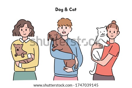 People are holding small, cute dogs and puppies. hand drawn style vector design illustrations. 