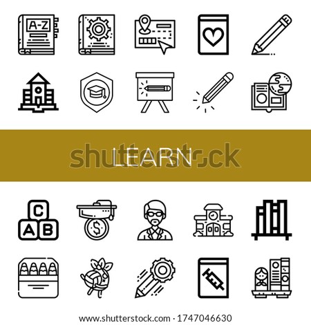 learn simple icons set. Contains such icons as Dictionary, School, Manual book, Mortarboard, Guide, Pencil, Romantic novel, Online learning, can be used for web, mobile and logo