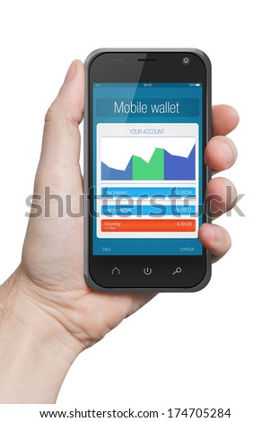 Isolated hand holding a smartphone in iphon style with mobile wallet application and banking transaction