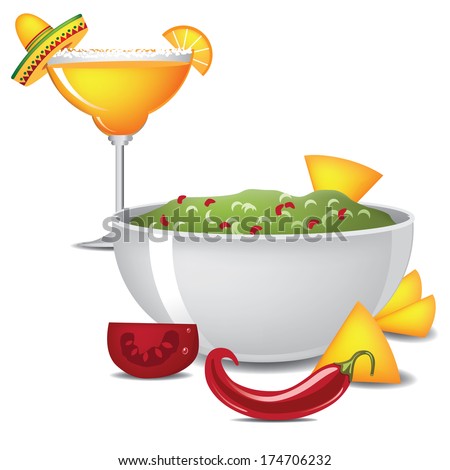 Guacamole and margarita with sombrero, jalapeÃ?Â±o and maracas EPS 10 vector, grouped for easy editing. No open shapes or paths.
