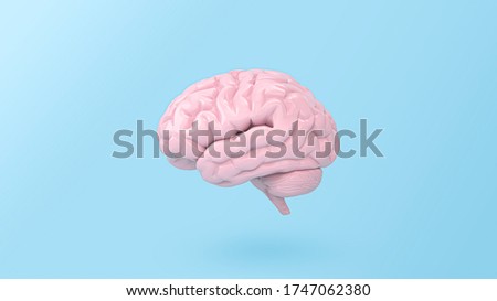 minimal pink brain in front view on blue background, thinking comic speech bubble. 3d rendering.